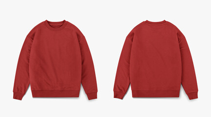 red crewneck from front and back side on white background, regular red sweatshirt for mockup