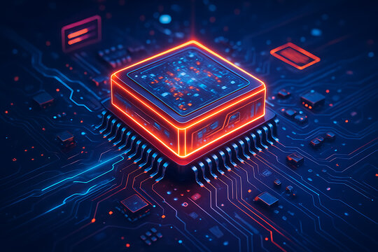 Advanced futuristic microchip glowing with neon light on motherboard representing high performance computing technology and science visualization