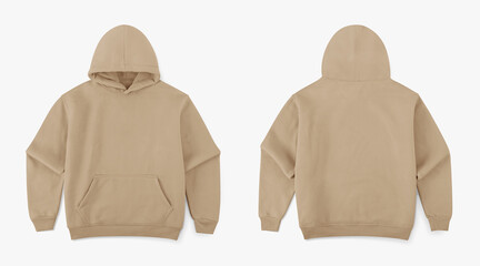 khaki hoodie from front and back side on white background, regular khaki hoodie for mockup