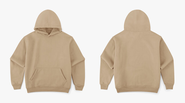 khaki hoodie from front and back side on white background, regular khaki hoodie for mockup