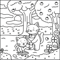 Adorable kittens enjoying a sunny day under apple trees in a garden coloring page