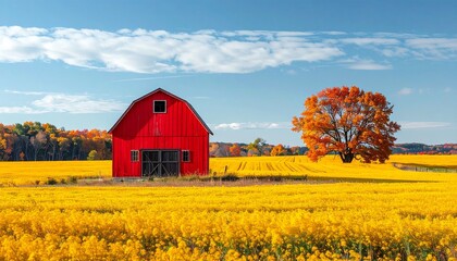 Red Barn in Yellow Flower Field Under Blue Sky with White Clouds in Rural Landscape Scene