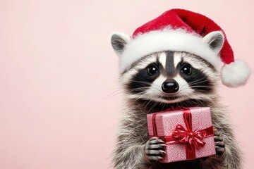Obraz premium A cute raccoon wearing a Santa hat and holding a gift, set against a soft pink flat background. The design features plenty of blank space, making it perfect for New Year and Christmas ...