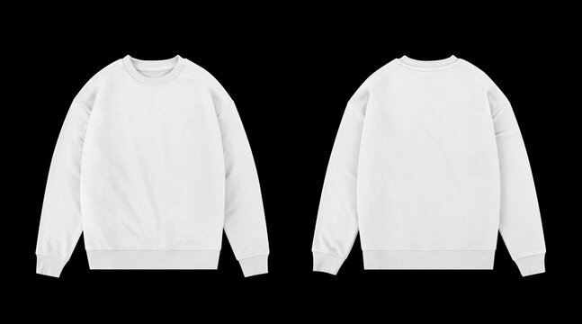 white crewneck from front and back side on black background, regular white sweatshirt for mockup
