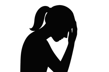 Woman silhouette stressed holding head hand isolated on white background