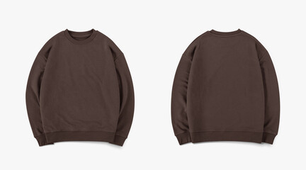 brown crewneck from front and back side on white background, regular brown sweatshirt for mockup