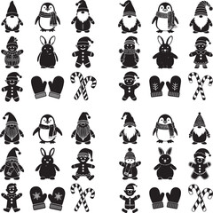 Naklejka premium Christmas Holiday Silhouettes of Gnomes Penguins Rabbits Gingerbread Men Mittens Candy Canes