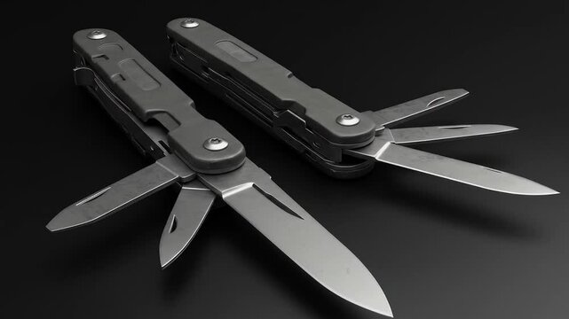 Two multitools with opened blades on a black background