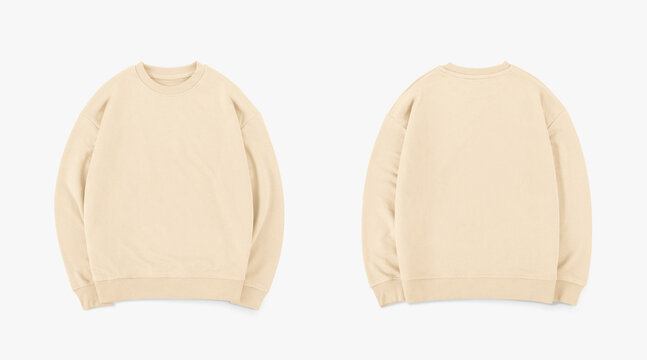 beige crewneck from front and back side on white background, regular beige sweatshirt for mockup