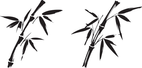 Two Black Ink Bamboo Branches With Leaves leaf plant