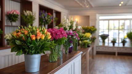 Fototapeta premium Interior of a flower shop displaying vibrant floral arrangements in vases on a counter