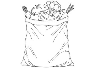  Reusable cotton grocery bag full of fresh vegetables and fruits. Eco-friendly tote shopper. Zero waste shopping concept. Black and white line art vector.