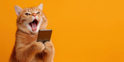 Surprised shocked cat with open mouth holding a smart phone on flat solid background.
