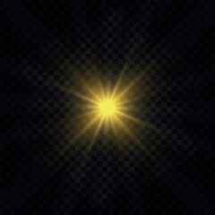 Yellow sun with rays and glow on transparent like background.
