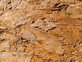 Close-up of natural osb wood surface showing rough texture and sunlight highlights