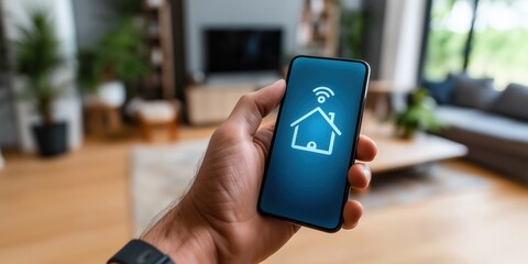 Person using smart home application on mobile phone, controlling lights and temperature in a living room.