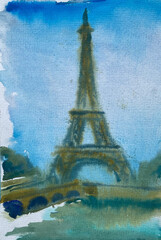Watercolor painting of the Eiffel Tower with soft blue tones and gentle brush strokes. Atmospheric Parisian landscape in a dreamy, impressionistic style