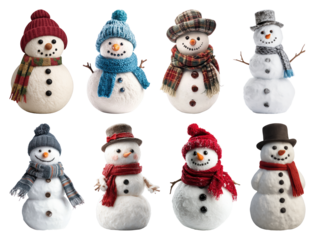 PNG Cheerful snowmen in winter attire, element set on transparent background