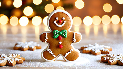 Fototapeta premium Decorated gingerbread man and snowflake biscuits on wooden table, soft focus background - festive holiday treat