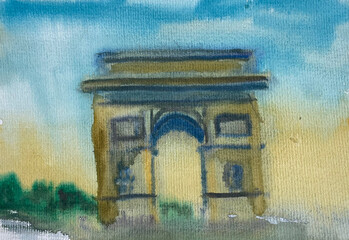 Watercolor sketch of a triumphal arch in Paris, featuring soft washes of blue and gold tones, atmospheric light, and loose architectural details in an impressionistic style.