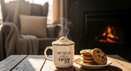 Cozy winter scene with hot chocolate cookies fireplace and chair for relaxing and enjoying the holidays
