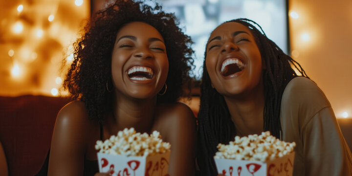Two cheerful female friends watching a tv film at home. Two black women eating popcorn with happy expressions on their faces. Having a movie night.