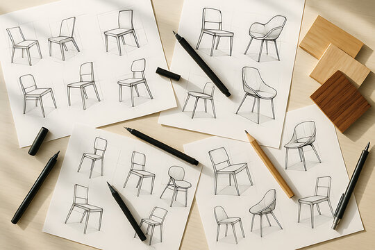 Creative furniture design sketches showing variations of modern chair concepts drawn on paper with pencils and markers