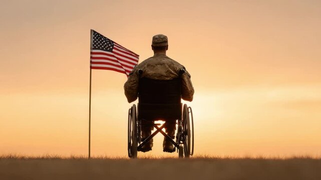 Veteran in Wheelchair Facing Sunset with American Flag, Symbolizing Strength and Resilience in Military Service 4k video footage