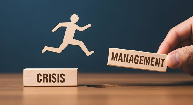 Wooden figure jumps from crisis to management symbolizing overcoming challenges and effective leadership in business strategy and problem solving highlighting success