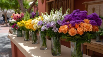 A vibrant and colorful assortment of fresh flower bouquets in clear glass vases beautifully arranged and displayed on a sunlit outdoor ledge