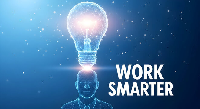 Conceptual artwork featuring a digital lightbulb above a person's head symbolizing innovation and intelligence with the motivational message "work smarter" against a blue starry background