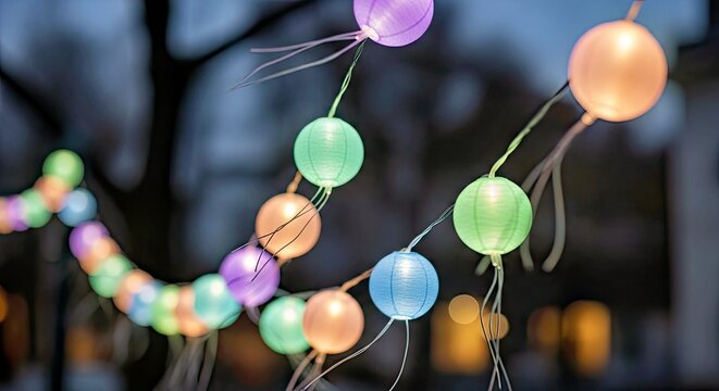 Colorful Paper Lanterns Hanging at Night Outdoor Decoration Asian Cultural Celebration