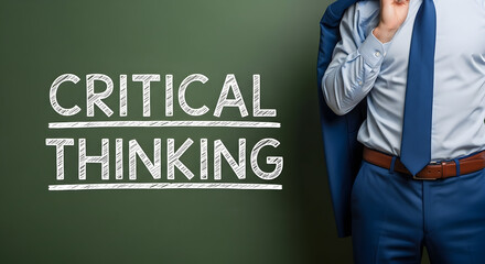 Critical thinking concept with a smartly dressed professional in a blue suit emphasizing the importance of analytical skills and strategic mindset for business success and problemsolving skills