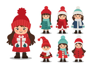 Cute Christmas Kids Characters Illustration Set – Winter Clothes, Holiday Outfits, Presents and Santa Costume