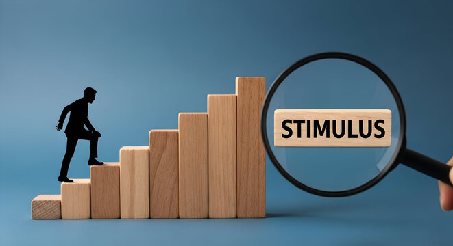 Silhouette of a businessman climbing wooden blocks representing growth with a magnifying glass focusing on the word stimulus symbolizing economic recovery and financial growth strategy