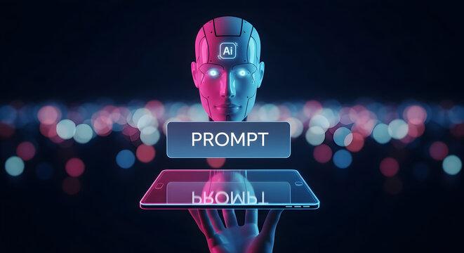 Futuristic ai robot displays a prompt on a digital screen with neon lighting and bokeh background showcasing technology and innovation in artificial intelligence development and design