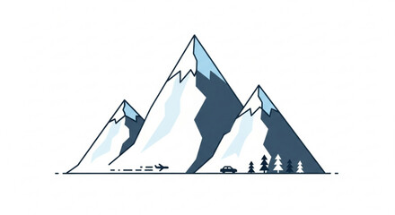 Serene mountain vista with airplane and car, a modern minimalist adventure design ideal for travel blogs and outdoor-themed projects with an artistic touch