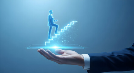 Holographic businessman climbs stairs on a hand symbolizing career growth success and achievement in a digital world with innovation technology and futuristic concepts