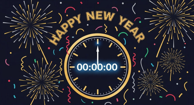 Countdown to a joyous New Year celebration with vibrant fireworks and a clock striking midnight, bringing excitement and fresh beginnings for everyone