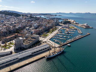 Fototapeta premium Aerial view of Vigo city center in Pontevedra, Galicia, Spain. Coastal city on the Ria de Vigo inlet, Capital Comarca.
