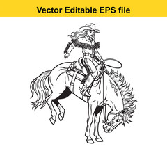 Fototapeta premium Black and white line art vector illustration of a female cowgirl riding a bucking wild horse with a lasso, isolated on