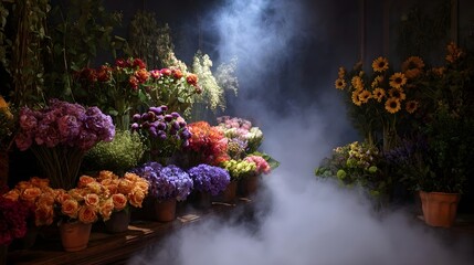 A vibrant display of colorful floral bouquets and arrangements shrouded in atmospheric mist