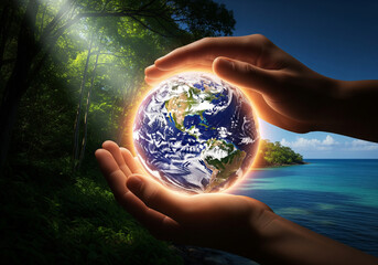 Hands Gently Cradling a Glowing Earth Sphere Against a Lush Forest and Sunny Ocean Background