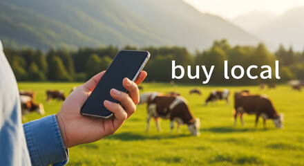 Person using smartphone to buy local produce with cows grazing in a green pasture and mountains in the background promoting sustainable agriculture and supporting local farmers markets