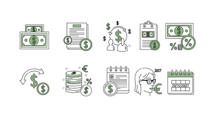 A set of hand drawn icons related to finance, business, and money, including cash, coins, percentages, and financial planning isolated on