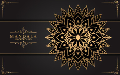 Elegant golden mandala design on a dark black background with ornate details