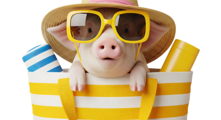 Cute piglet in beach bag with hat and sunglasses isolated on transparent background