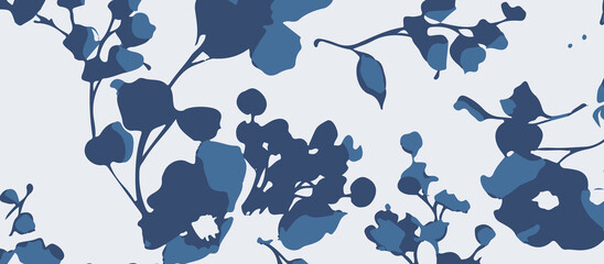 Abstract shawls, dupatta, scarfs design blue watercolor floral pattern with delicate branches and leaves on a white background