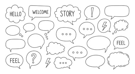 Collection of handdrawn speech bubbles with various shapes and styles, perfect for adding a creative touch to your designs isolated on
