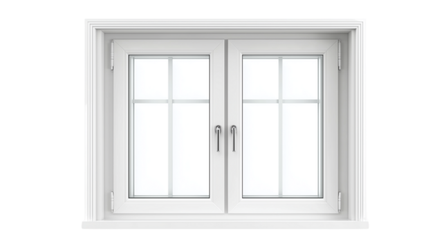 Modern white double-sash window with clear glass and decorative grid pattern, isolated on a clean background
